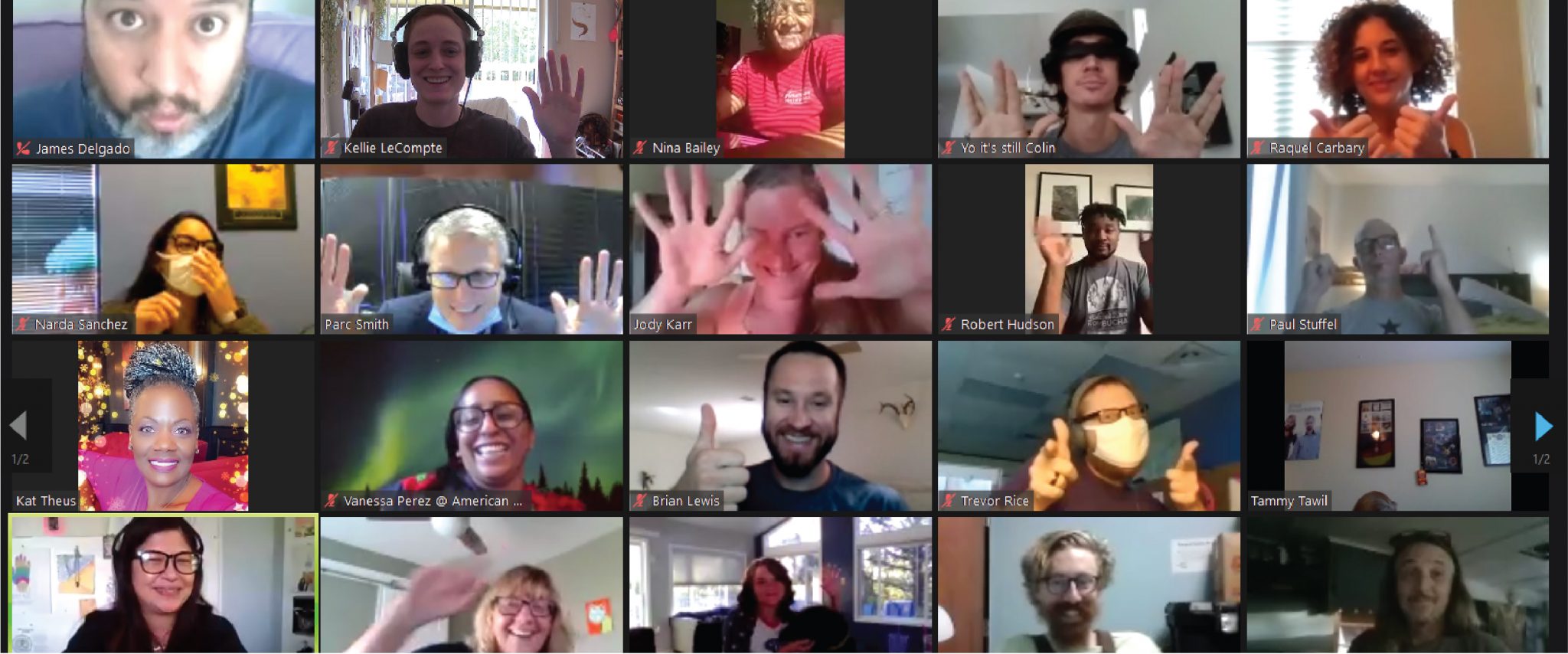 Screenshot of an American YouthWorks virtual team meeting with staff smiling and waving.