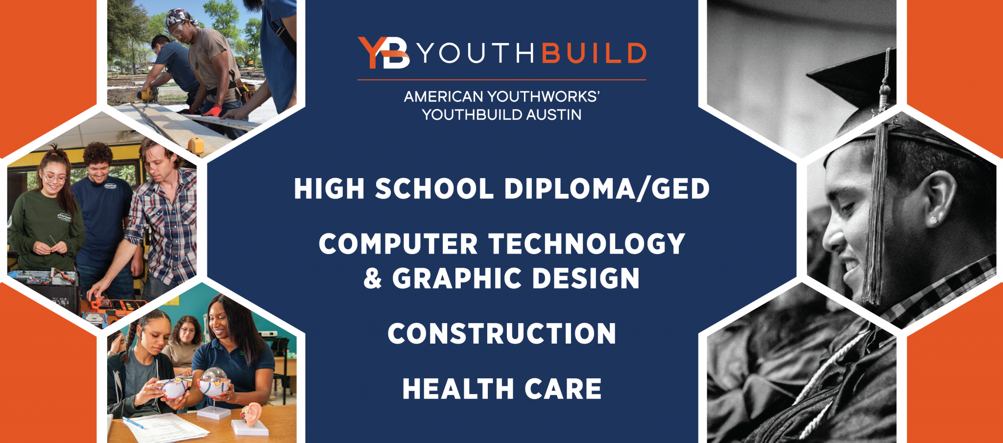 High school diploma & GED, computer technology & graphic design, construction, health care.