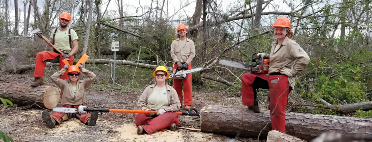 Crew holding chainsaws looking at camera