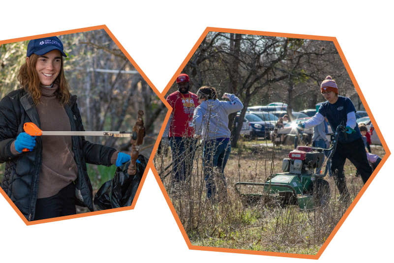 volunteers picking up trash and mowing an overgrown cemetery