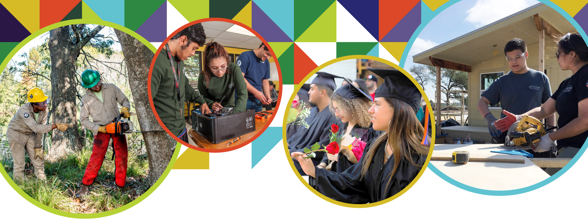 Four circles with images showing participants learning career skills around environmental conservation, information technology, and construction, as well as, participants graduating.