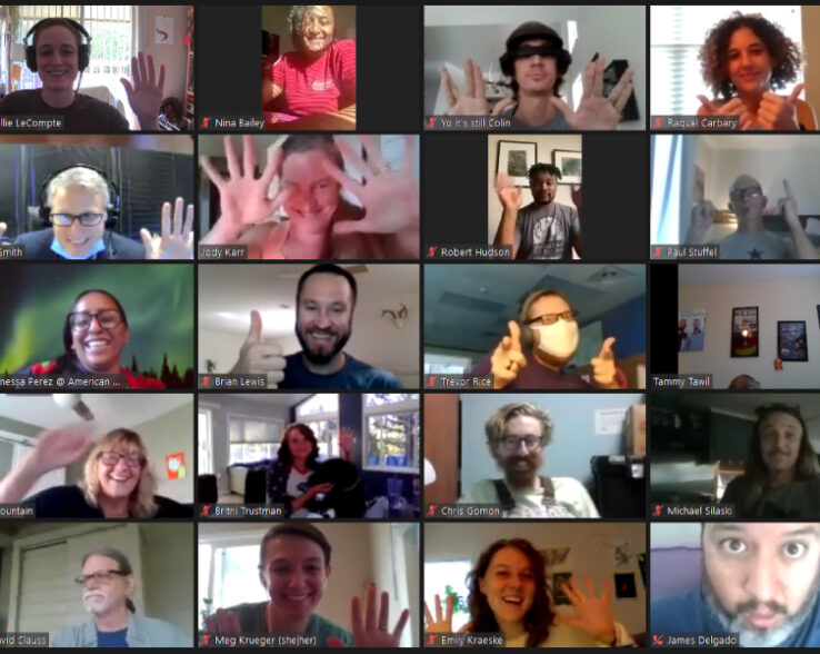 AYW staff on a virtual meeting, waving and smiling.