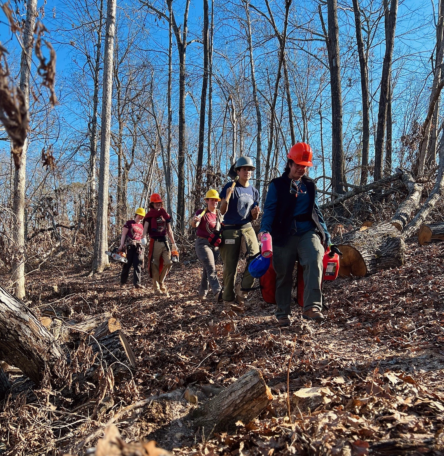 ARCC crew carrying in gear to project site along a forest trail.