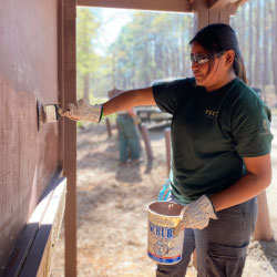 An IP painting a structure at a park.