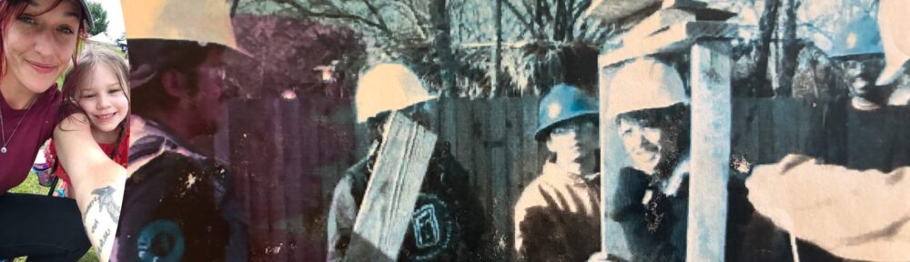 Staff member Courtney with her daughter and as a construction participant