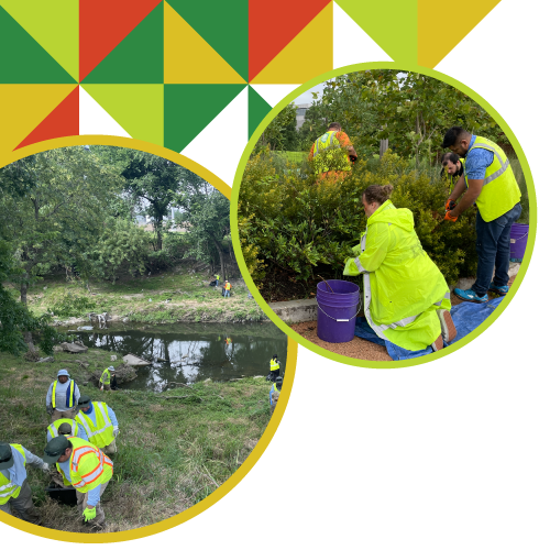 Participants cleaning up a waterway and planting trees