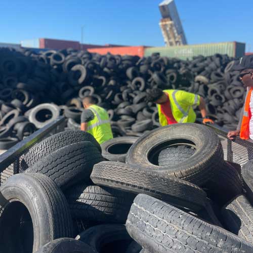 Large piles of tires being properly disposed of