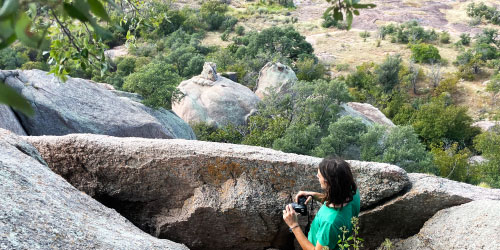 Peter holding a camera looking at the landscape.