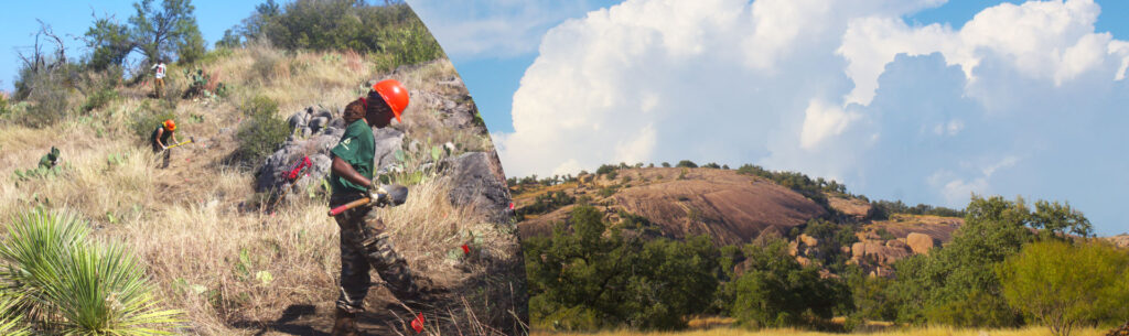 Trails Across Texas crew members building trails in Enchanted Rock State Natural Area